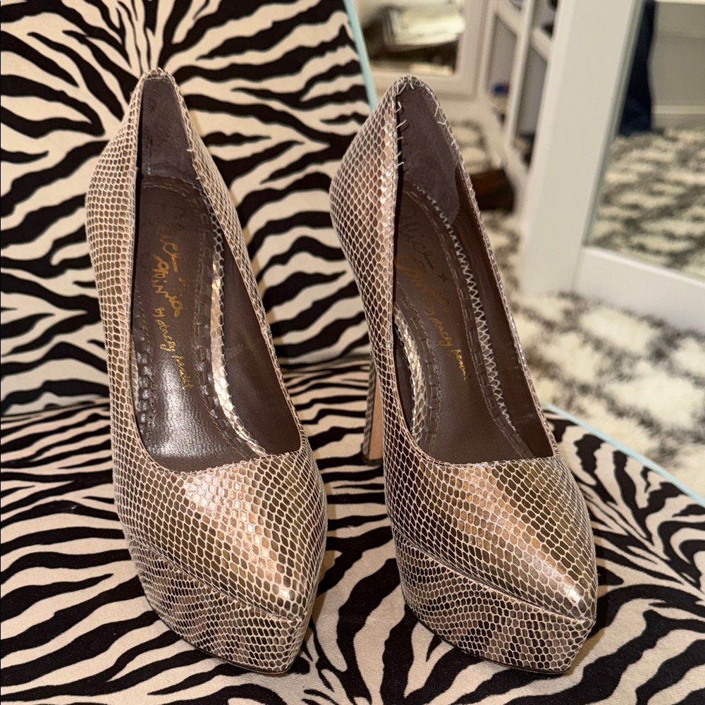 Alice + Olivia Metallic Snakeskin Print Heels